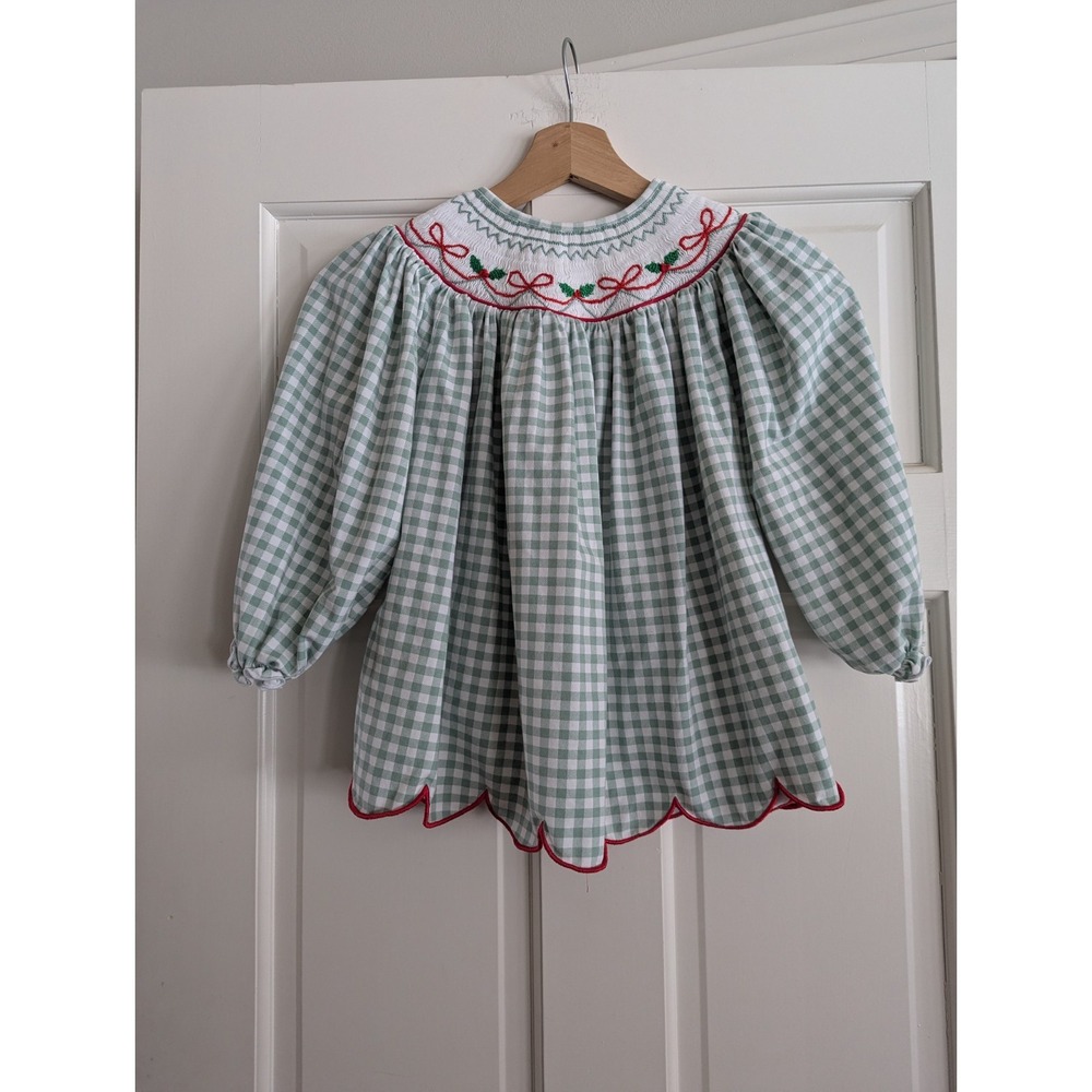 Girls BB BABY LLC girls white Green Gingham smocked long sleeve shirt SIZE 7